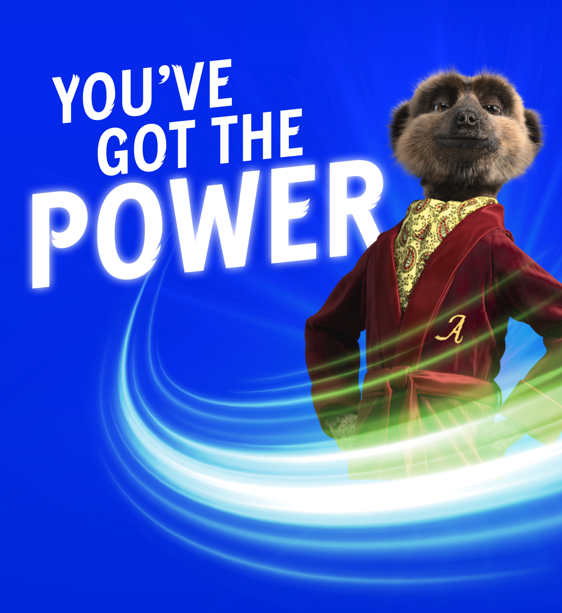 YOU'VE GOT THE POWER. A MEERKAT WITH HIS HANDS ON HIS WAIST.