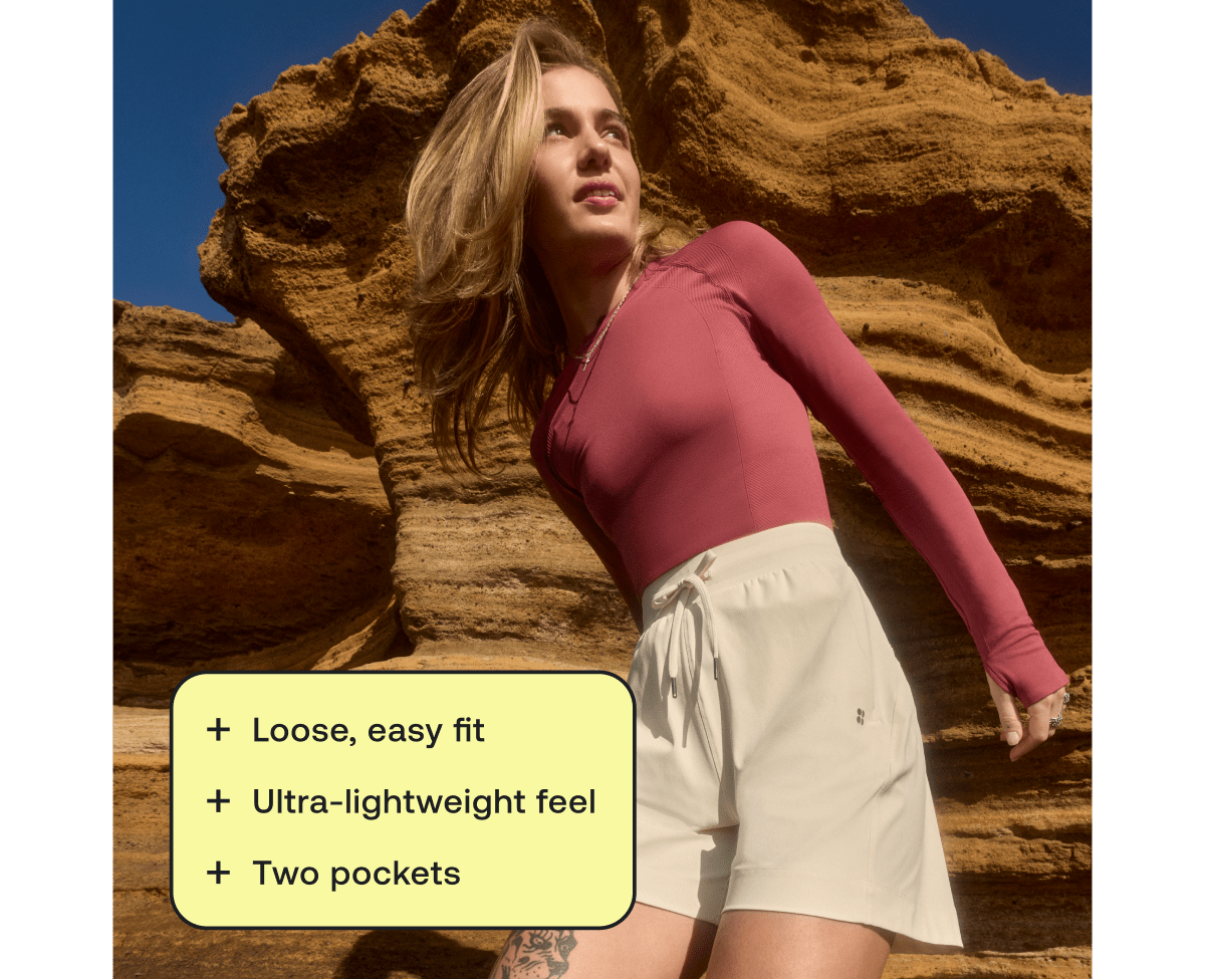 loose, easy fit, ultra-lightweigh feel, two pockets