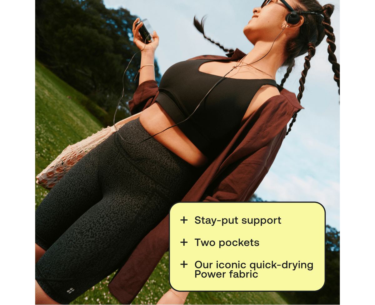 stay-put support, two pockets, our iconic quick-drying power fabric