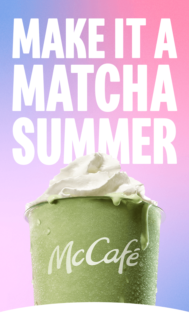 An icy, refreshing matcha latte on a blue-pink gradient background. Large white text reads 'Make it a matcha summer'.