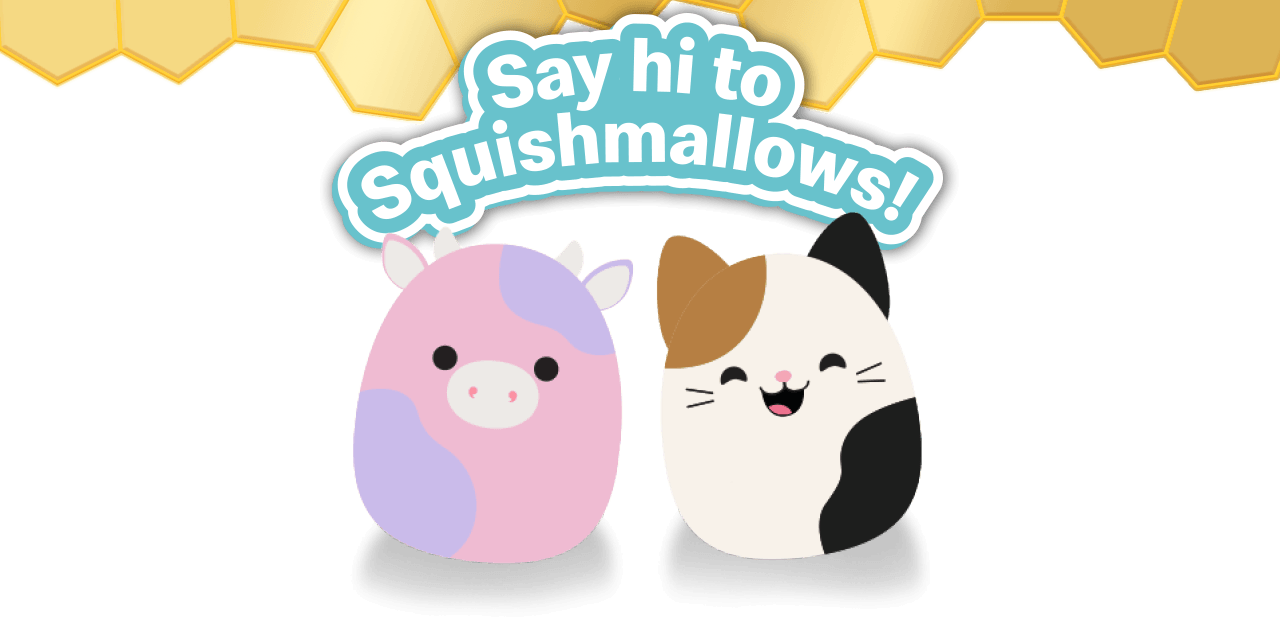 Two Squishmallows characters. Text on the image reads 'Say hi to Squishmallows!'.