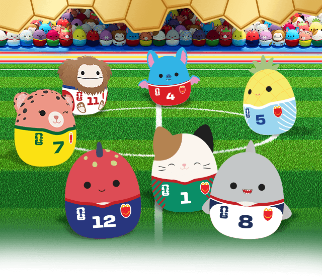 Squishmallows characters on a football pitch