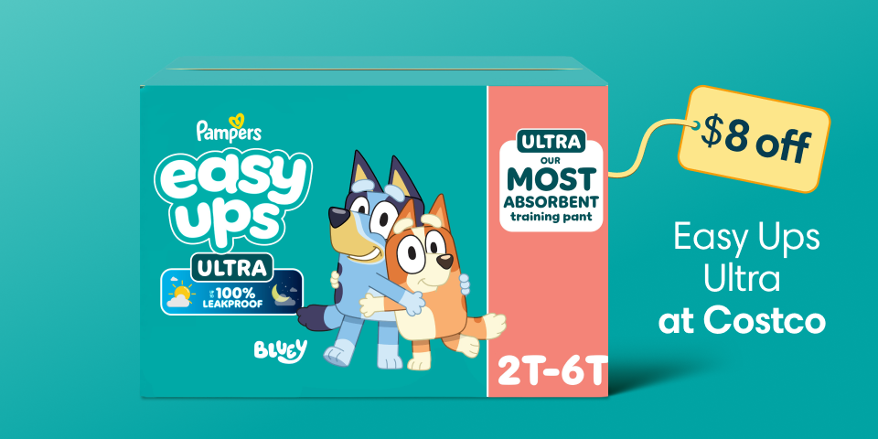 Against a teal background, there’s a pack of Easy Ups Ultra. A “$8 off” tag is affixed to the top right corner of the  pack. The full title reads, “$8 off Easy Ups Ultra”.