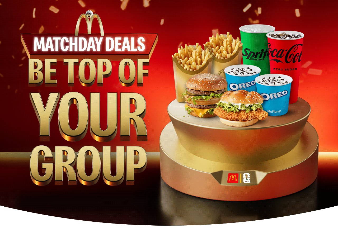A collection of delicious McDonald's food, bold text reads MATCHDAY DEALS, BE TOP OF YOUR GROUP