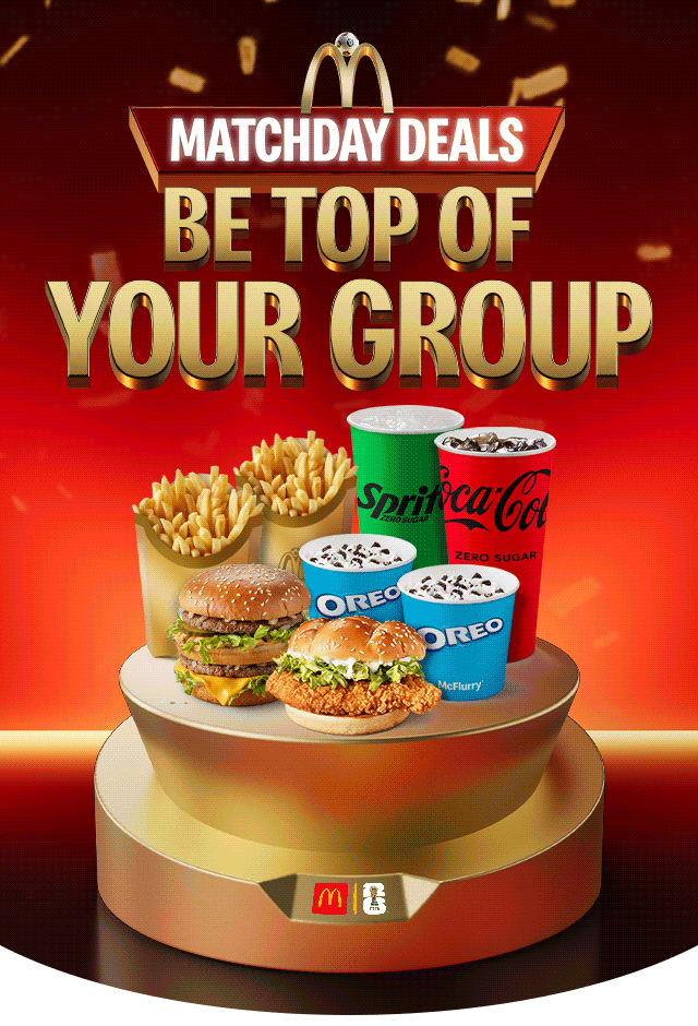 A collection of delicious McDonald's food, bold text reads MATCHDAY DEALS, BE TOP OF YOUR GROUP