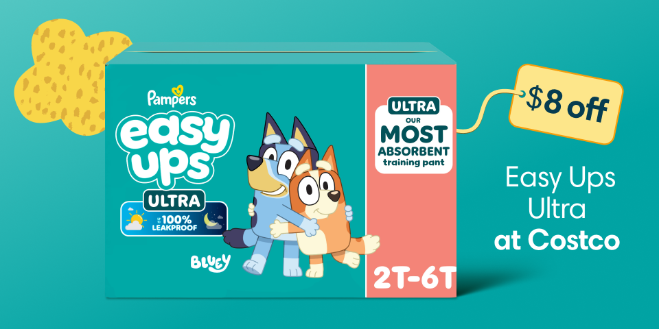 Against a teal background, there’s a pack of Easy Ups Ultra. A “$8 off” tag is affixed to the top right corner of the  pack. The full title reads, “$8 off Easy Ups Ultra”.