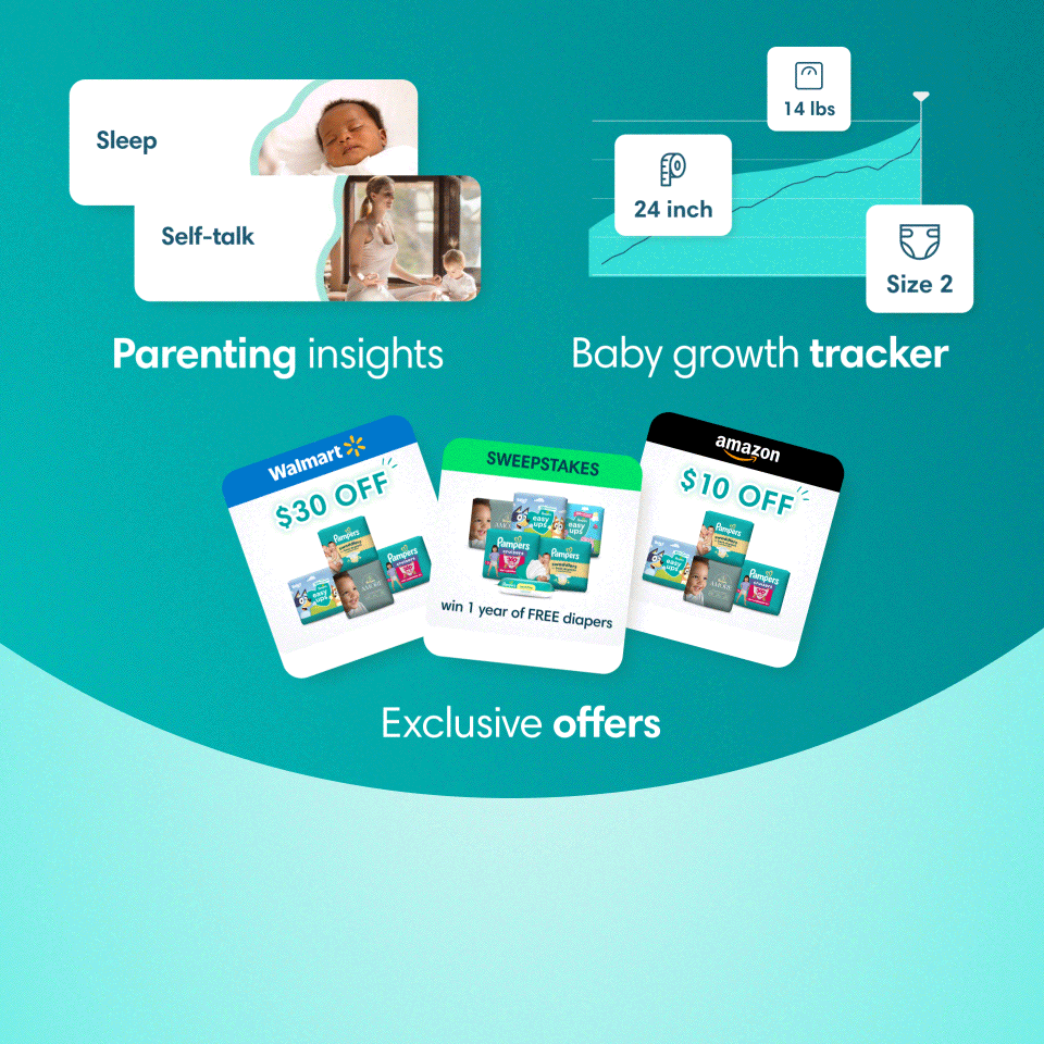 An animation showcasing what one can get with the Pampers Rewards app, including parenting content, tools, and savings/rewards—as well as the steps it takes to get there.