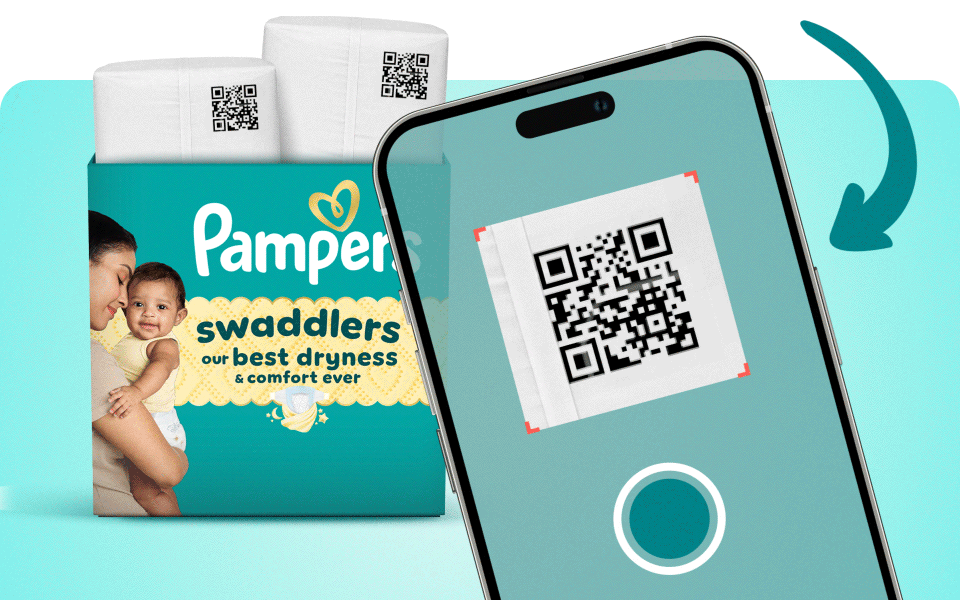 A phone appears to scan a QR code of a pack inside a Pampers diaper box.