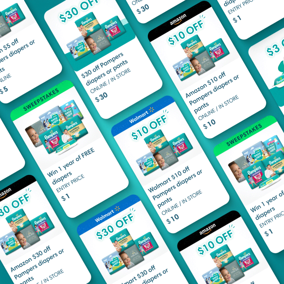 Various coupons available in the Pampers Rewards app.