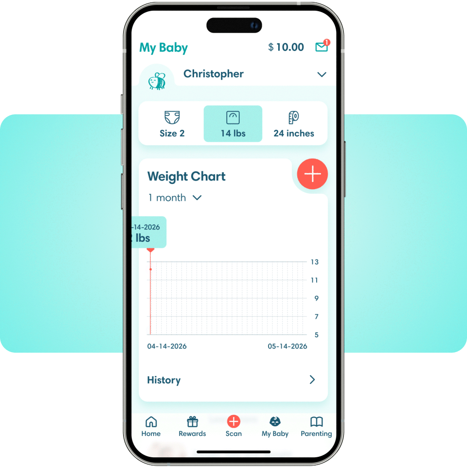 Data on a “Weight Chart” increases on a screen from the Pampers Rewards app.