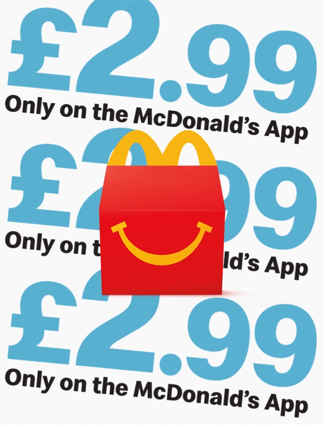 Logo for McDonald's Happy Meal, bold text reads 'Only £2.99 on the McDonlad's App'