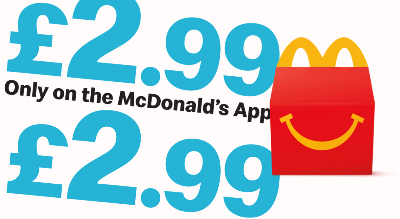 Logo for McDonald's Happy Meal, bold text reads 'Only £2.99 on the McDonlad's App'
