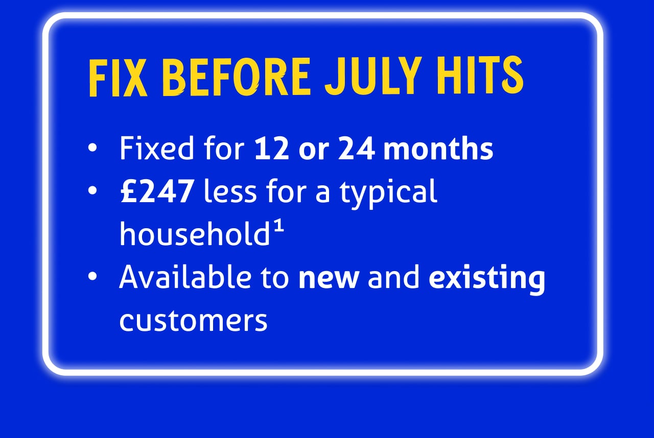 "Fix before July hits

• Fixed for 12 or 24 months
• £247 less for a typical household1
• Available to new and existing customers"