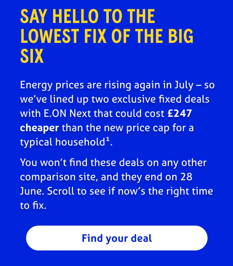 Say hello to the lowest fix of the big six 

Energy prices are rising again in July – so we’ve lined up two exclusive fixed deals with E.ON Next that could cost £247 cheaper than the new price cap for a typical household1.
You won’t find these deals on any other comparison site, and they end on 28 June. Scroll to see if now’s the right time to fix.
