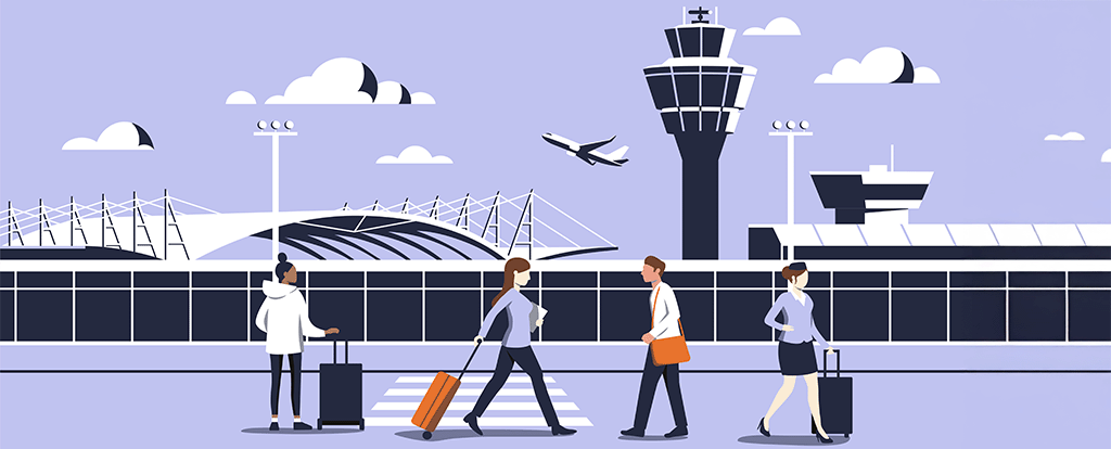 Flughafen Skyline Illustration mit Passagieren.