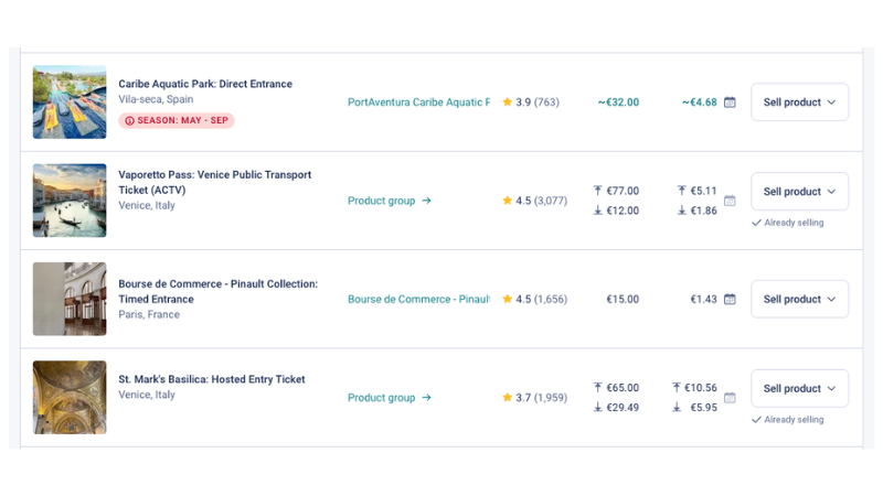 Product Catalogue Upgrades interface showing already selling indicators and seasonal availability tags