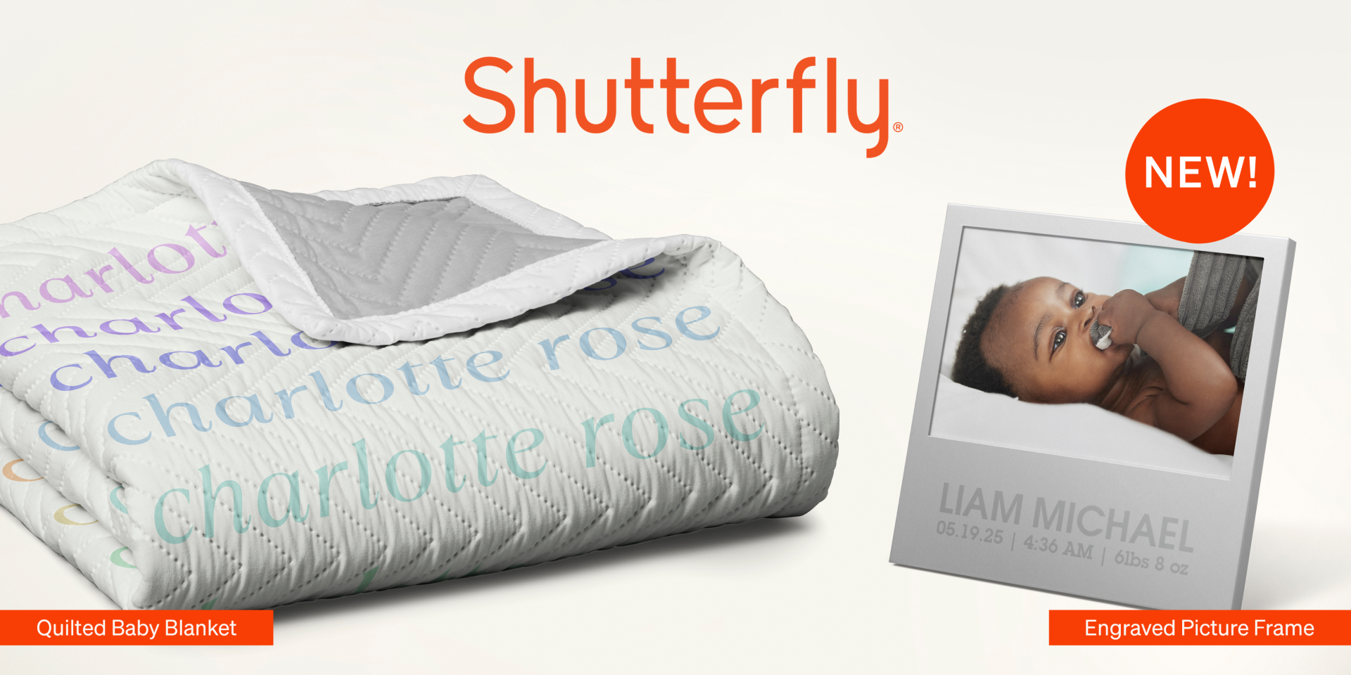 Under a Shutterfly logo, there’s a Shutterfly Quilted Baby Blanket as well as a Shutterfly Engraved Picture Frame. On the top right, there’s a badge that says, “NEW!”.