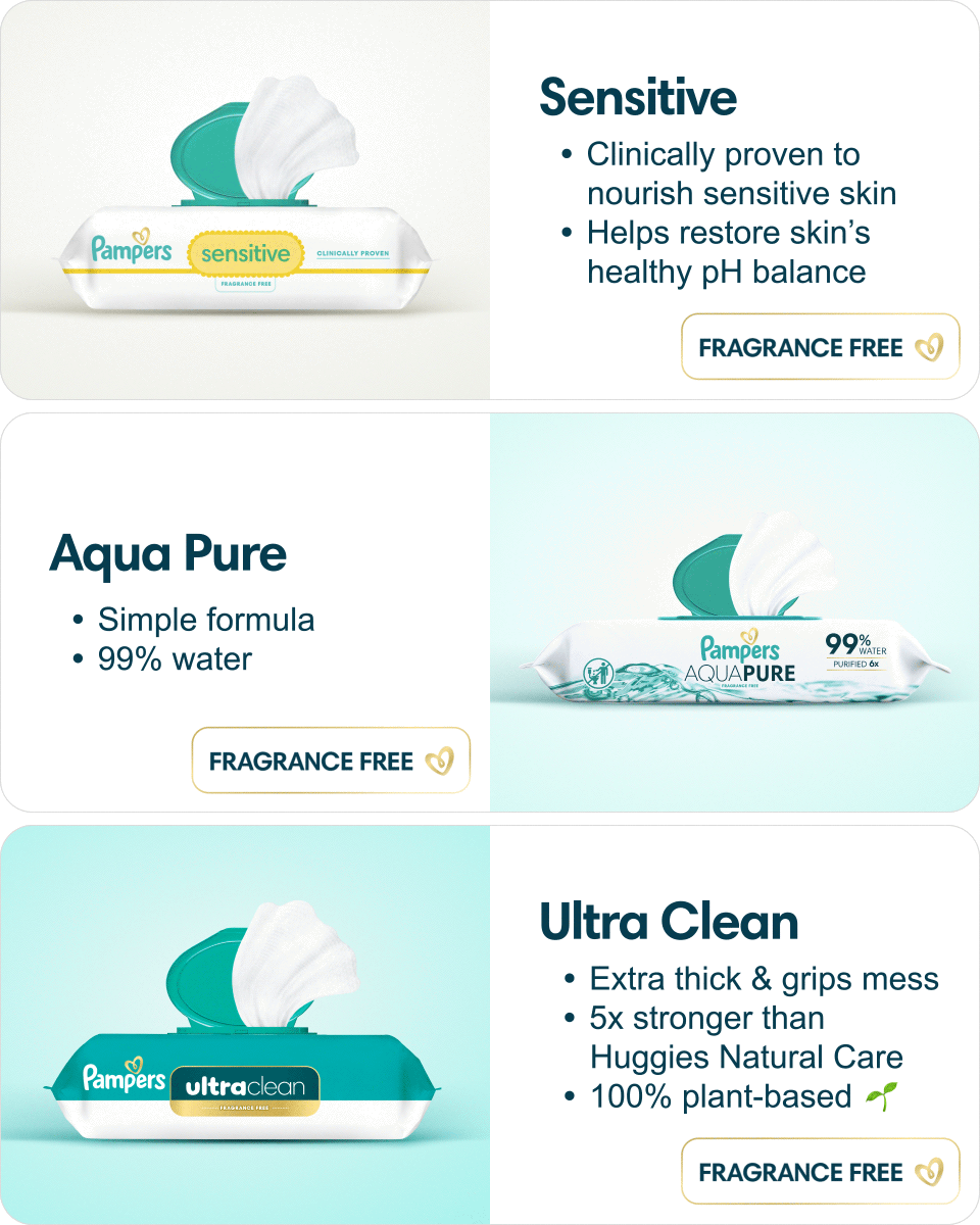 There are 3 wipes packs: Sensitive, Aqua Pure, and Ultra Clean. Animated text appears below each pack. Under the Sensitive wipes pack it reads, “Clinically proven to nourish sensitive skin” and “Helps restore skin’s healthy pH balance”. Under the Aqua Pure pack, it reads, “Our simplest formula”, “99% water”, and “Purified 6x”. Under the Ultra Clean wipes pack it reads,  “Extra thick & grips mess”, “100% plant-based 🌱”, and “5x stronger than Huggies Natural Care”. 