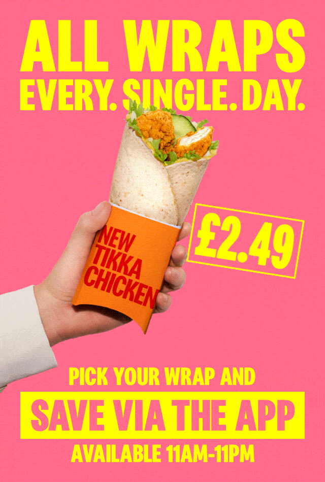 Delicious McDonald's Wraps, bold text reads ANY WRAP IN THE APP, 2.49 11AM-11PM EVERY DAY FROM TUESDAY