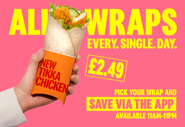 Delicious McDonald's Wraps, bold text reads ANY WRAP IN THE APP, 2.49 11AM-11PM EVERY DAY FROM TUESDAY