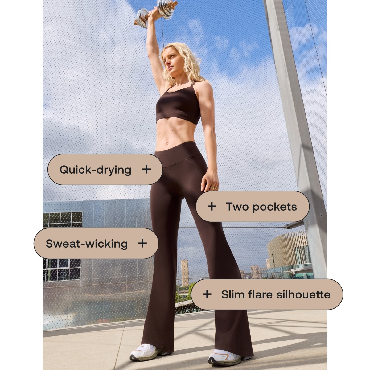 Quick-drying, Sweat-wicking, two pockets, slim flare silhouette