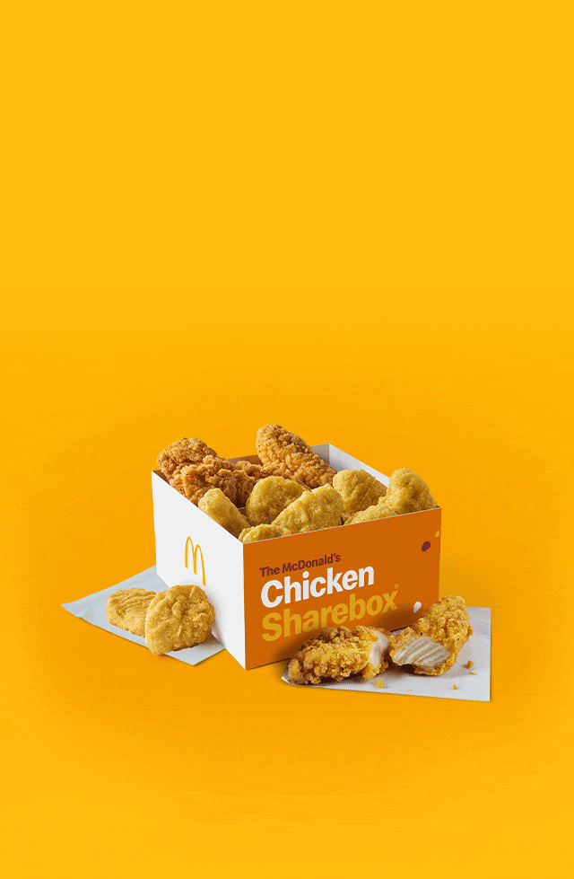 A Chicken Sharebox with a choice of 4 dips around it. Text reads 'Here for the sauce'.