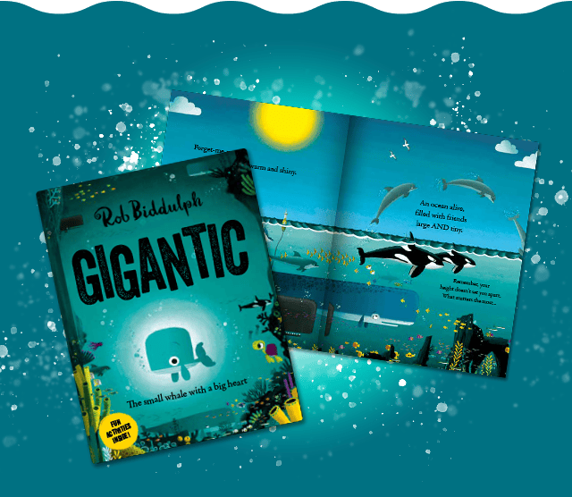 Depiction of Gigantic chirldrens book on a sea themed background