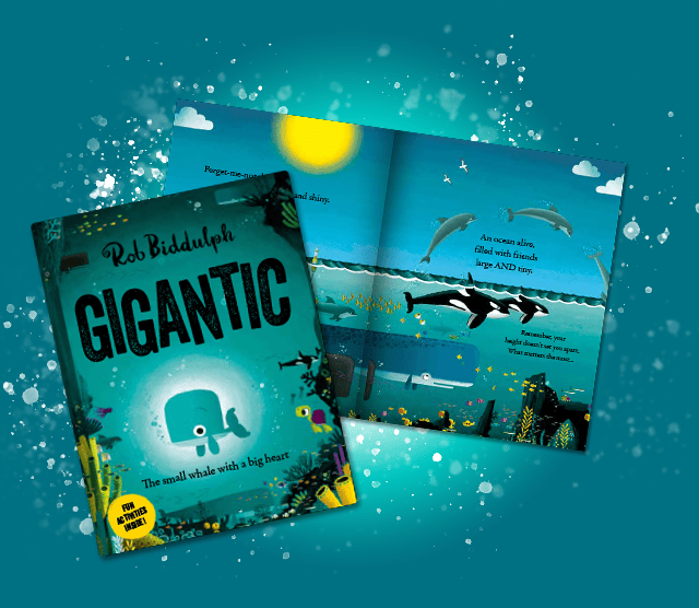 Depiction of Gigantic chirldrens book on a sea themed background