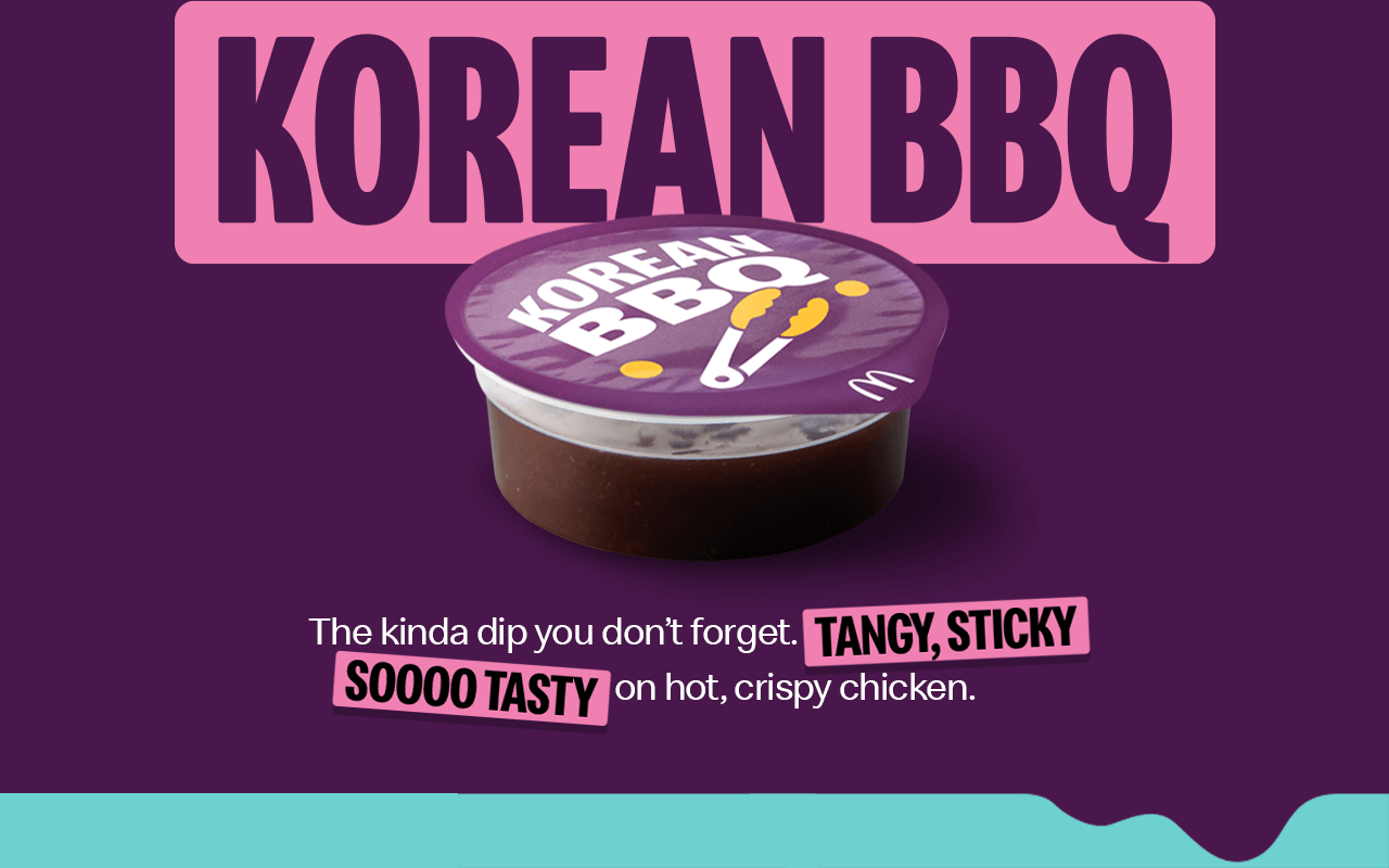 The Korean BBQ dip. Text on the image reads 'The kinda dip you don't forget. Tangy, sticky soooo tasty on hot, crispy chicken'.