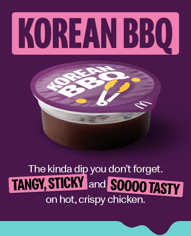 The Korean BBQ dip. Text on the image reads 'The kinda dip you don't forget. Tangy, sticky soooo tasty on hot, crispy chicken'.