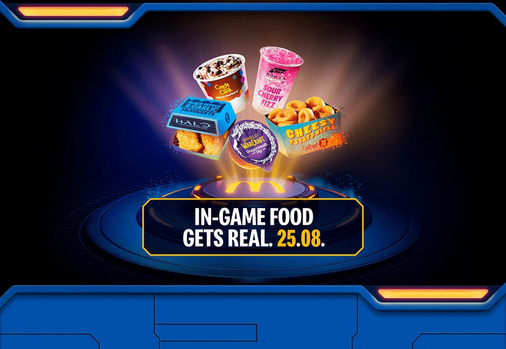 Bold text reads IN-GAME FOOD GETS REAL 25.08