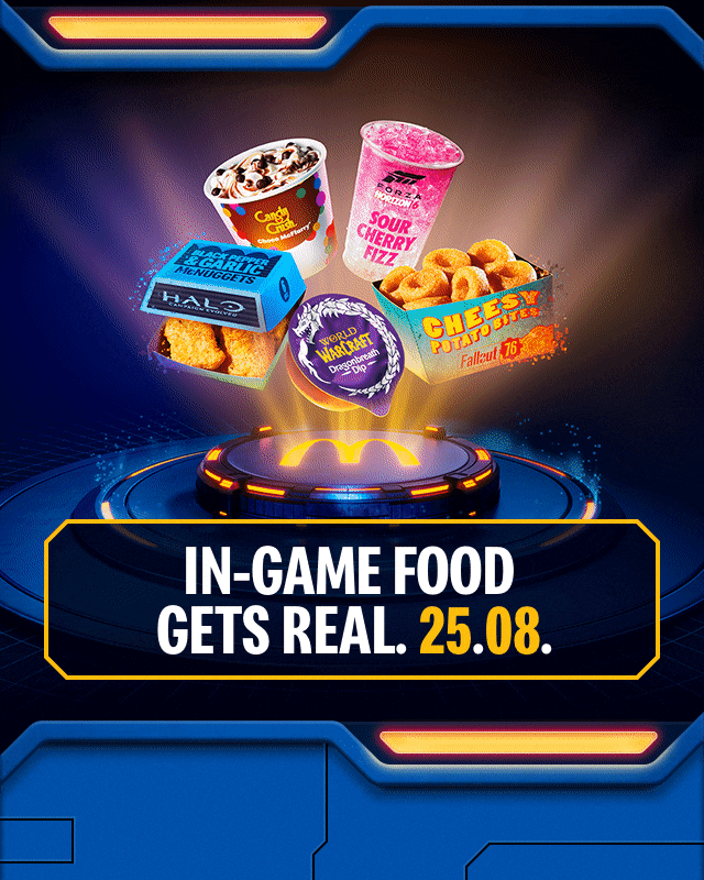 Bold text reads IN-GAME FOOD GETS REAL 25.08