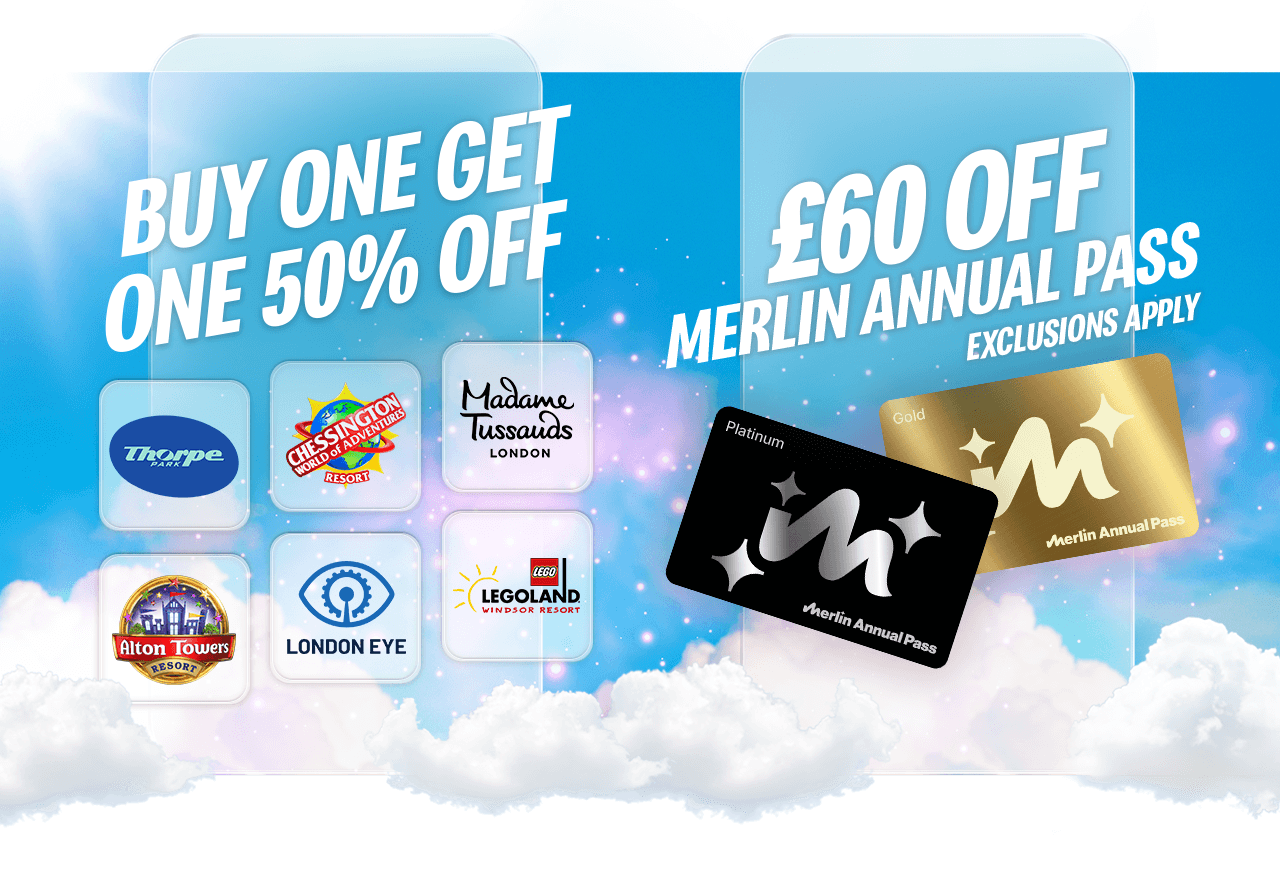 Text on the image reads 'Buy one get one 50% off' and '&pound;60 off Merlin Annual Pass. Exclusions apply'