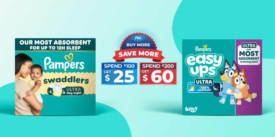 Against a teal background, there’s a pack of Easy Ups Ultra and a pack of Swaddlers Ultra sitting next to each other. In between the two packs, there’s a P&G badge that reads, “Buy more, save more”. Below this badge, there’s a blue box with the text, “Spend $100 to get $25” and a red box that says, “Spend $200 to get $60”.
