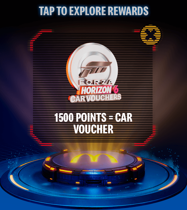 After tapping on the Forza logo, it reveals the Forza reward: 1500 MyMcDonald's Rewards points = Forza car voucher.