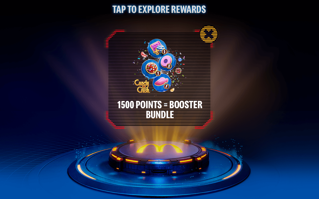 After tapping on the Candy Crush logo, it reveals the Candy Crush reward: 1500 MyMcDonald's Rewards points = Candy Crush booster bundle.