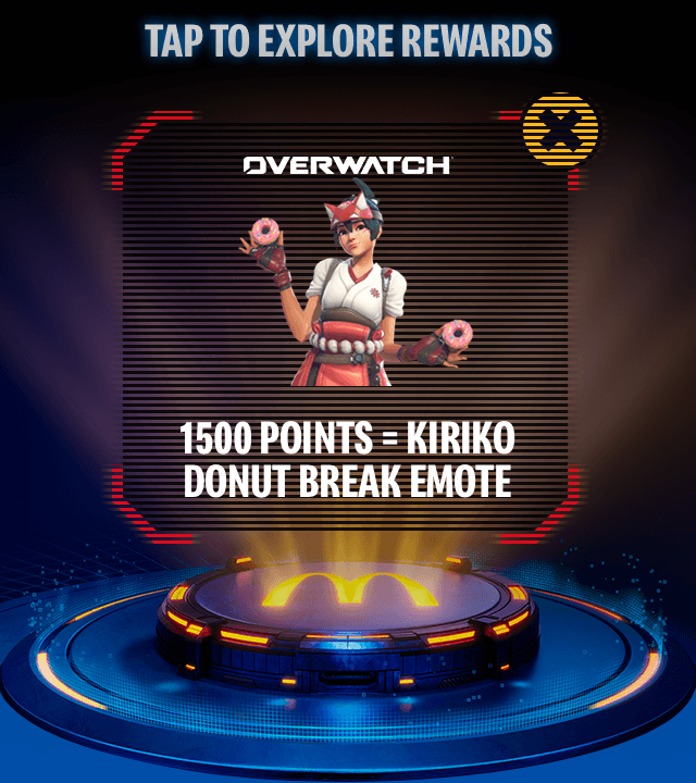 After tapping on the Overwatch logo, it reveals the Overwatch reward: 1500 MyMcDonald's Rewards points = Overwatch Kiriko donut break emote.