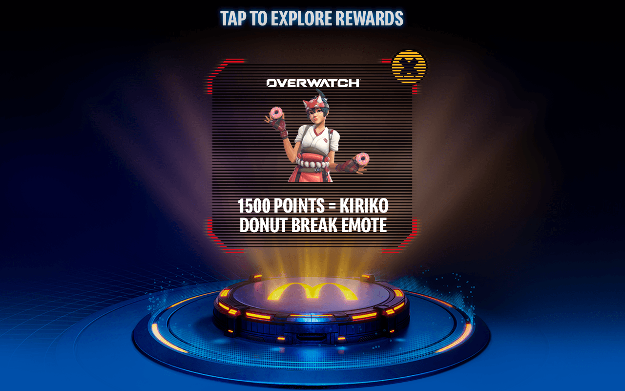 After tapping on the Overwatch logo, it reveals the Overwatch reward: 1500 MyMcDonald's Rewards points = Overwatch Kiriko donut break emote.