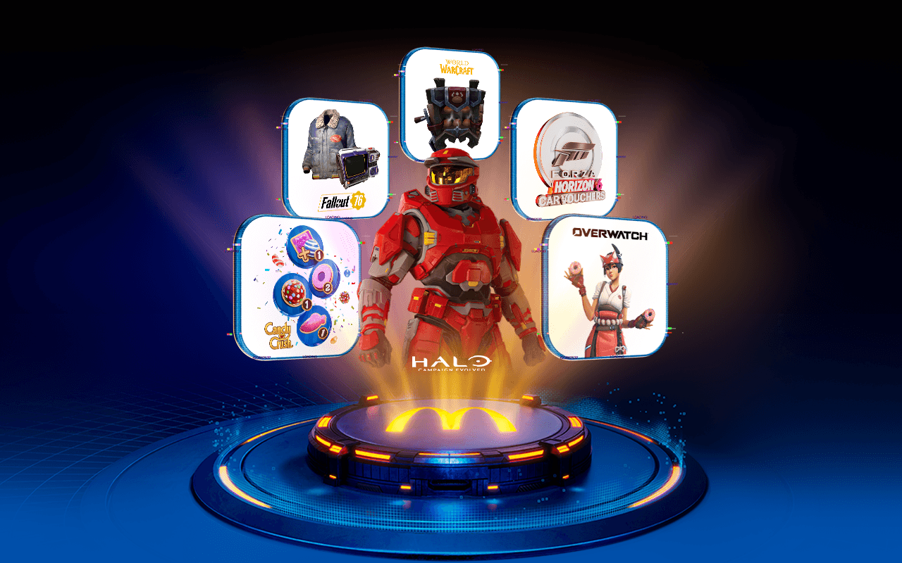A plinth with a McDonald's logo with 6 gaming franchise rewards around it