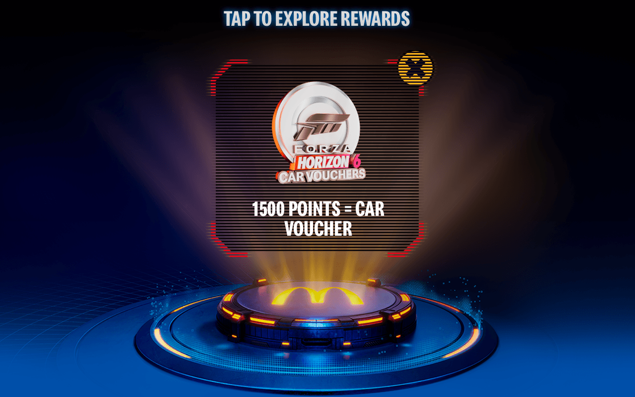 After tapping on the Forza logo, it reveals the Forza reward: 1500 MyMcDonald's Rewards points = Forza car voucher.