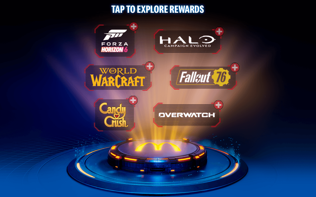 A plinth with a McDonald's logo with 6 gaming franchise logos around it. Tap on one of them to see more.
