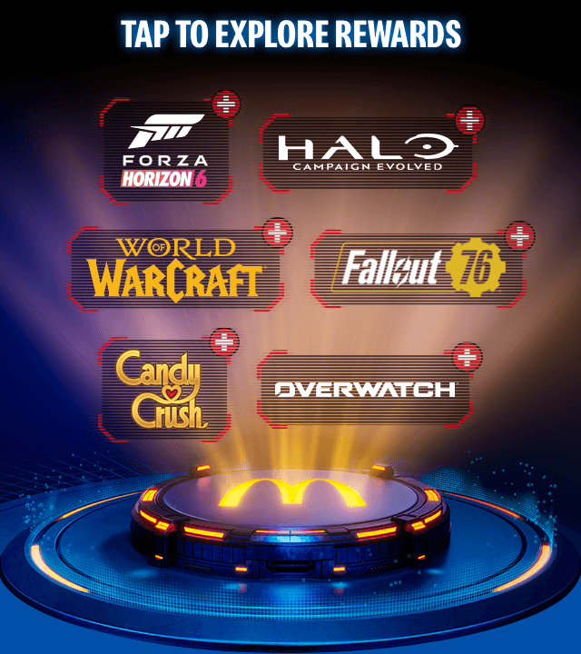 A plinth with a McDonald's logo with 6 gaming franchise logos around it. Tap on one of them to see more.