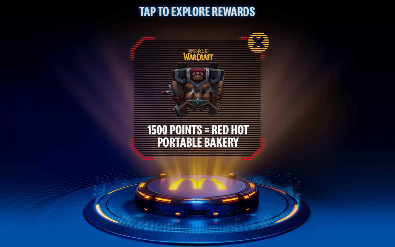 After tapping on the World of Warcraft logo, it reveals the World of Warcraft reward: 1500 MyMcDonald's Rewards points = World of Warcraft red hot portable bakery.