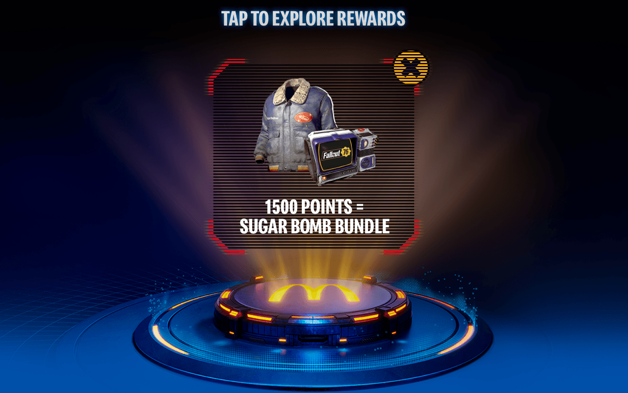 After tapping on the Fallout 76 logo, it reveals the Fallout 76 reward: 1500 MyMcDonald's Rewards points = Fallout 76 sugar bomb bundle.