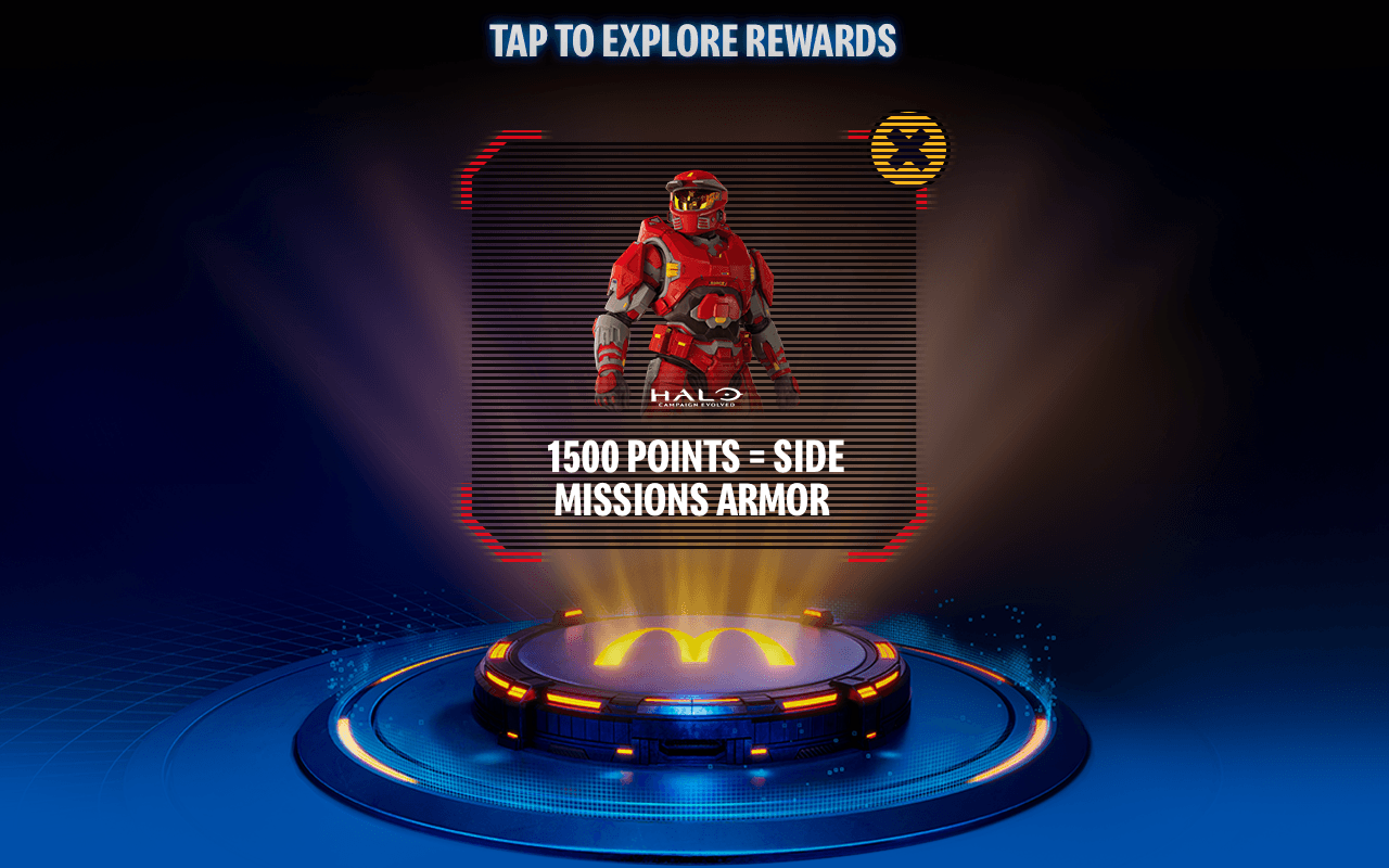 After tapping on the Halo logo, it reveals the Halo reward: 1500 MyMcDonald's Rewards points = Halo Side Missions armor.