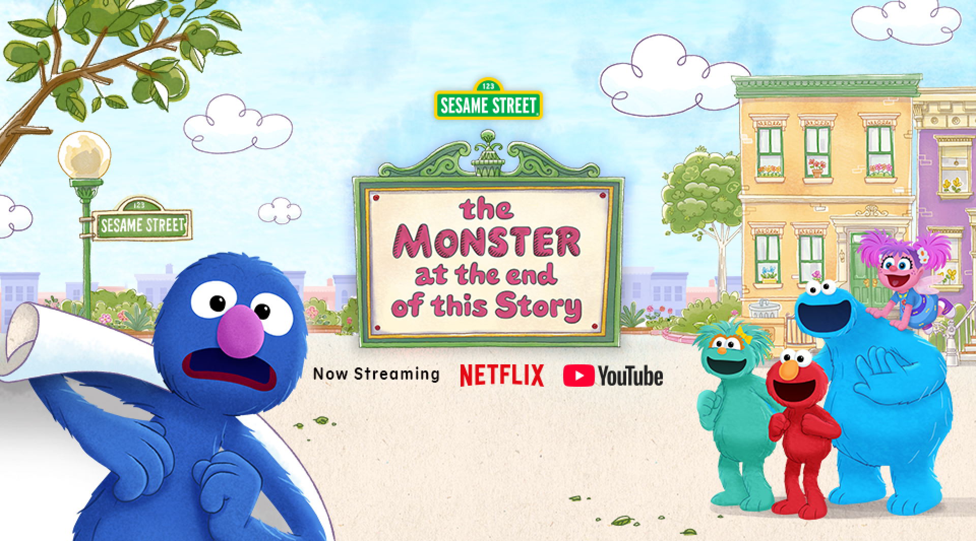 The popular Sesame Street character, Grover, stands close to a street sign that says, “Sesame Street”. In the background, popular Sesame Street characters smile and wave. At the very center of the image, a marquee reads, “The Monster at the end of this Story”. Below the marquee, there’s text that reads, “September 7” and the Netflix and Youtube logos.