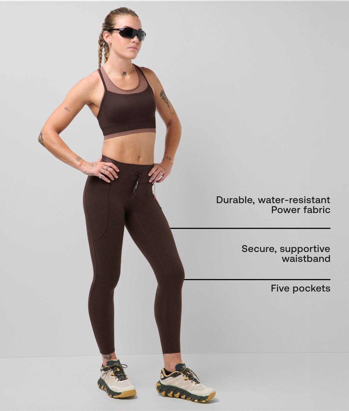 Durable, water-resistant Power fabric Secure, supportive waistband Five pockets