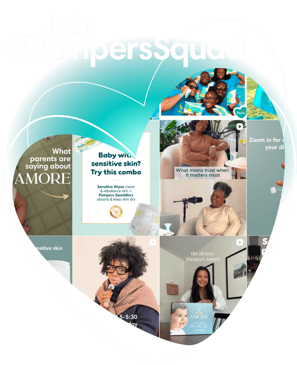 Within the outline of a heart, there are several images of social media posts. The title reads, “Join #PampersSquad”.