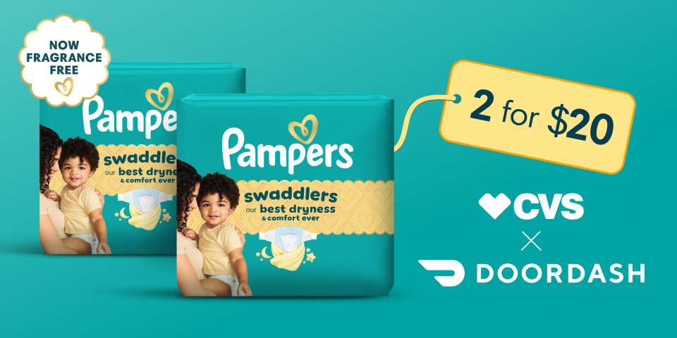 2 Swaddlers bags sit next to each other. On the left side, there’s a badge that reads, “Now Fragrance Free”. Attached to the bags, there’s a a price tag that says, “2 for $20”. Below the price tag, there’s a CVS logo and a DoorDash logo.