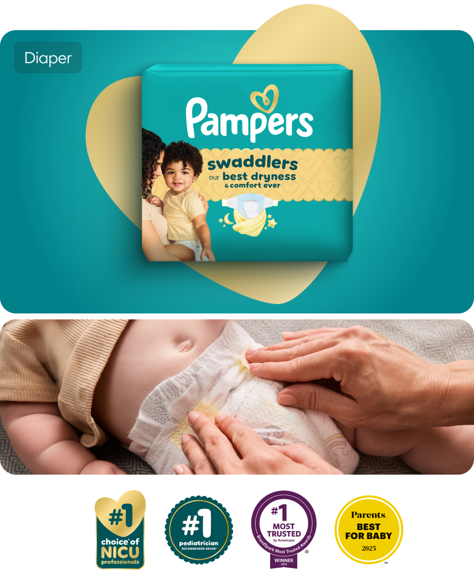 Against a teal background and the silhouette of a doodle heart. There’s a pack of Swaddlers. Below this image, there’s another image of a parent’s hands putting a pair of Swaddlers on their baby and logos of the awards and certifications that Swaddlers has earned.